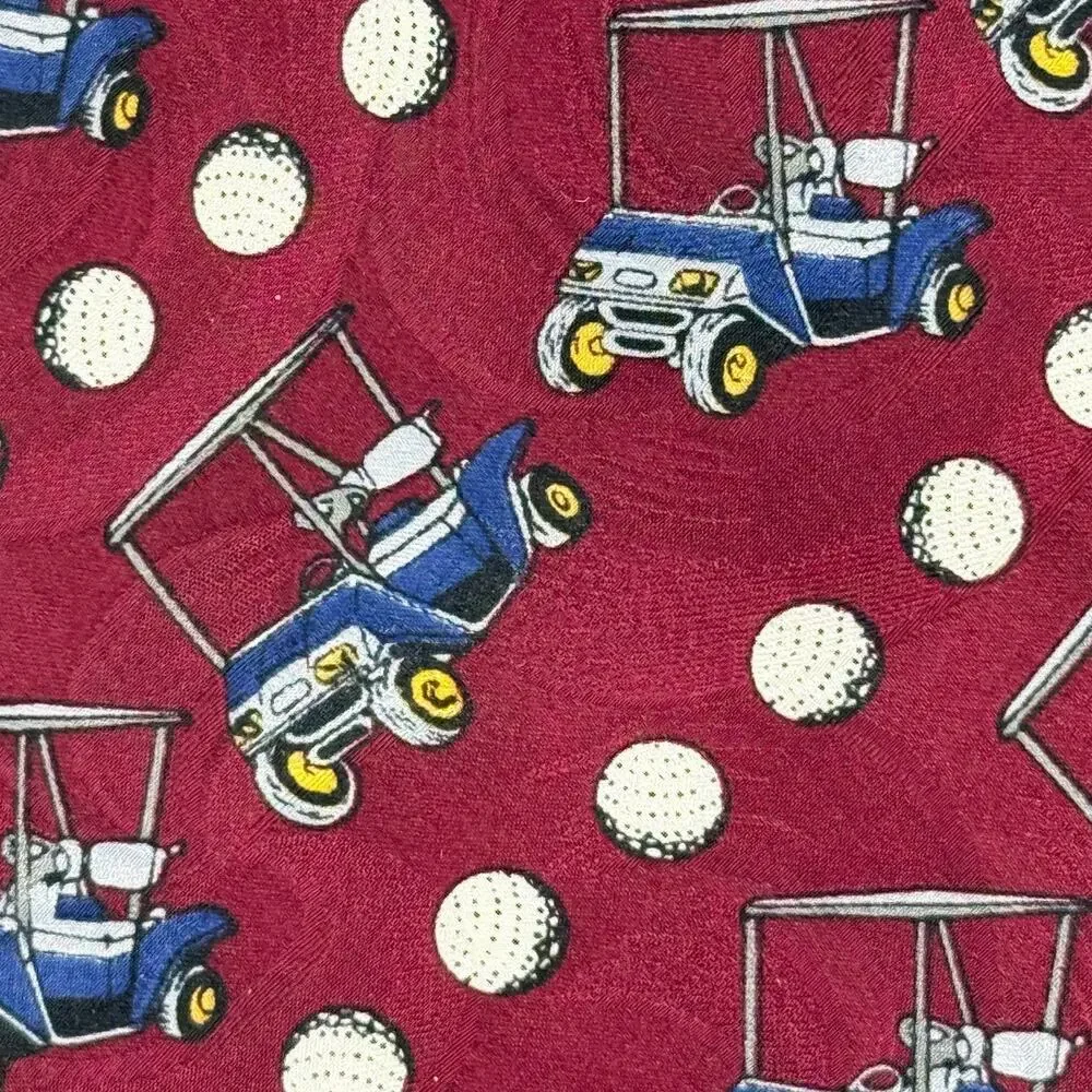 Vintage 90s Golf Red Tie Silk Golf Cart Golf Ball Print Made in USA Barry Wells